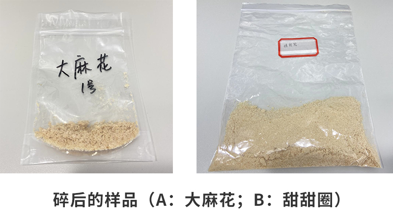 粉碎后的樣品（a：大麻花；b：甜甜圈）